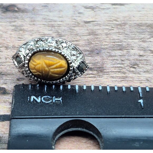 Tiny Minimalist Silver Tone & Tigers Eye Center Stud Earrings .5" Marcasite - Picture 5 of 5
